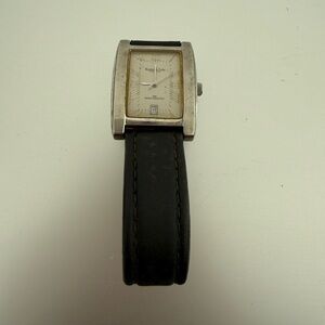 Vintage Kenneth Cole Rectangle Quartz Analog Wristwatch Black Leather Silver
